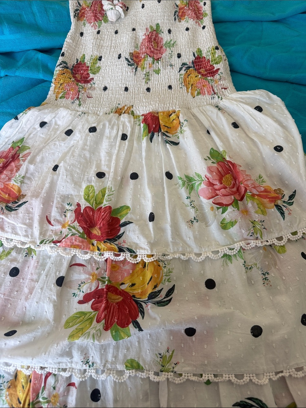 FARM Rio Nanaju Dress Floral Polka Sleeveless Smocked Tiered Midi White Medium - Picture 4 of 7